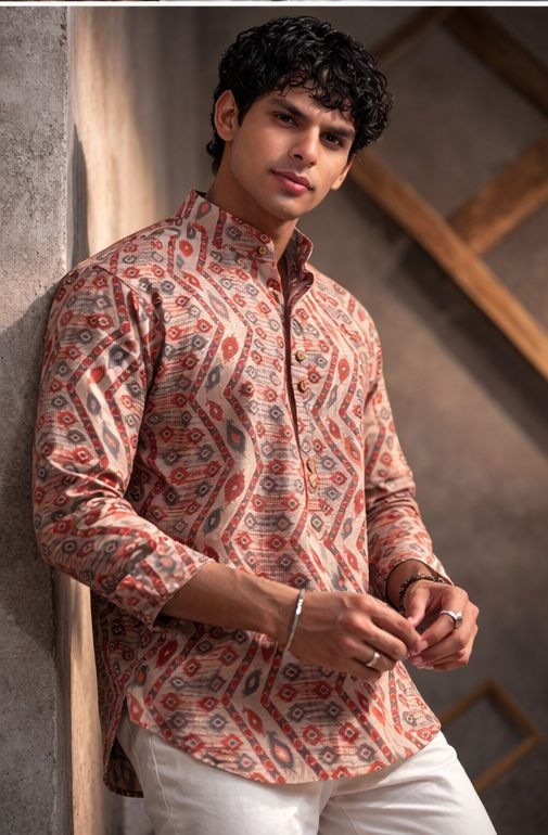 Multicolor Geometric Printed Linen Kurta