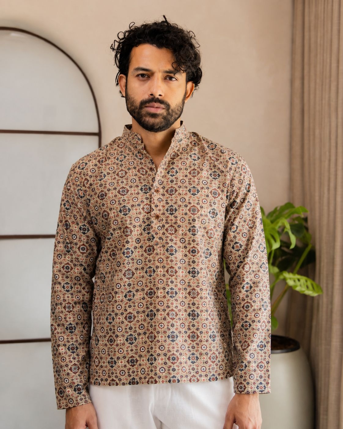Multicolor Heritage Motif Designer Printed Linen Short Kurta