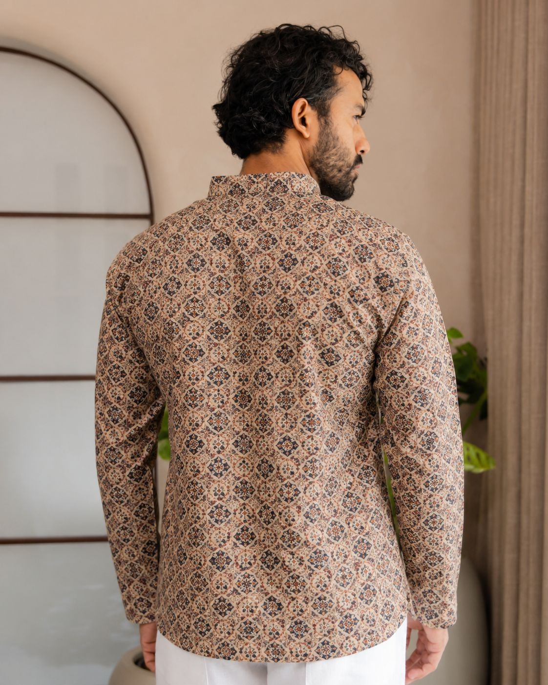 Multicolor Heritage Motif Designer Printed Linen Short Kurta — alternate view