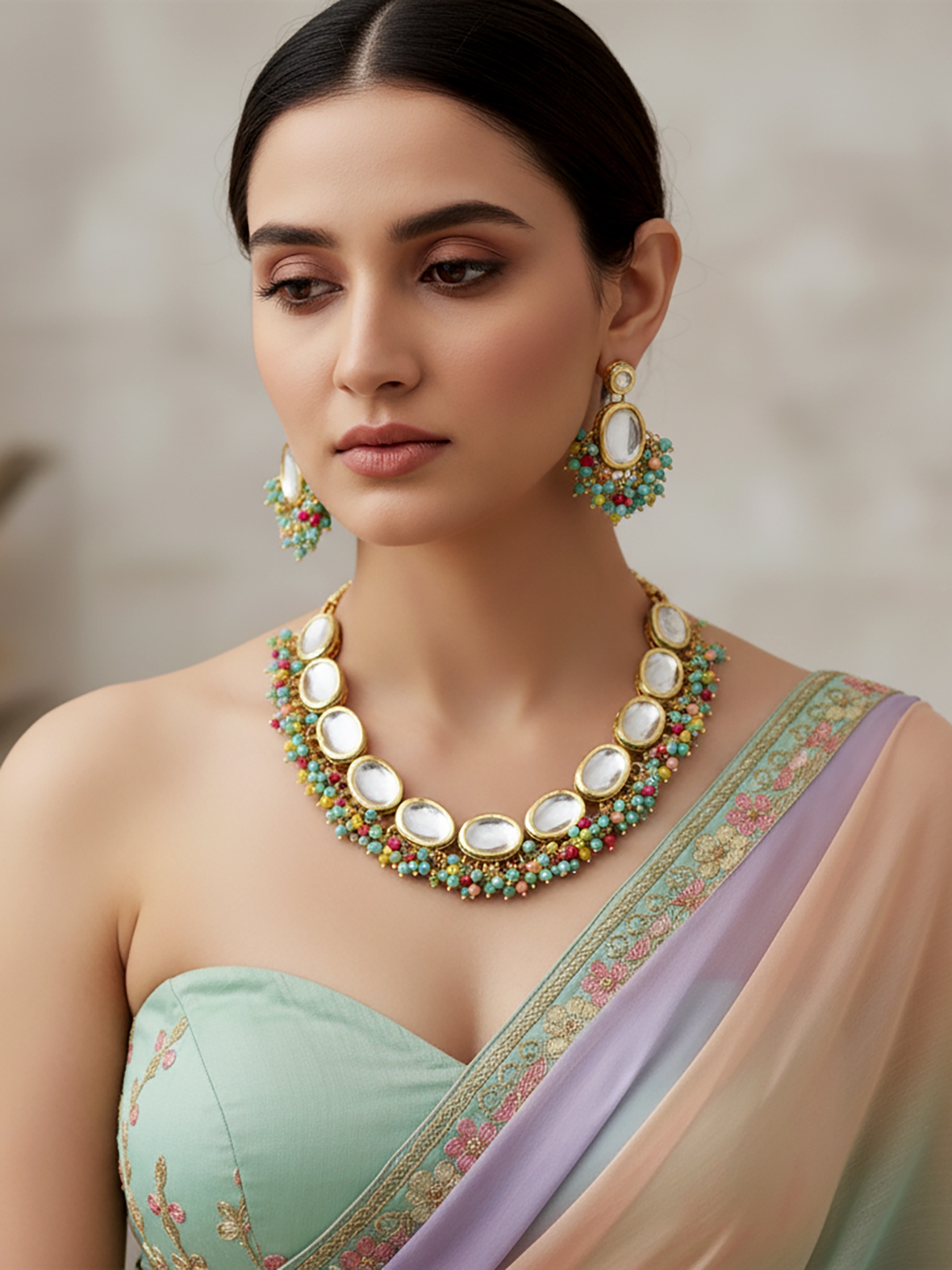 Multicolor Kundan Beaded Necklace Set