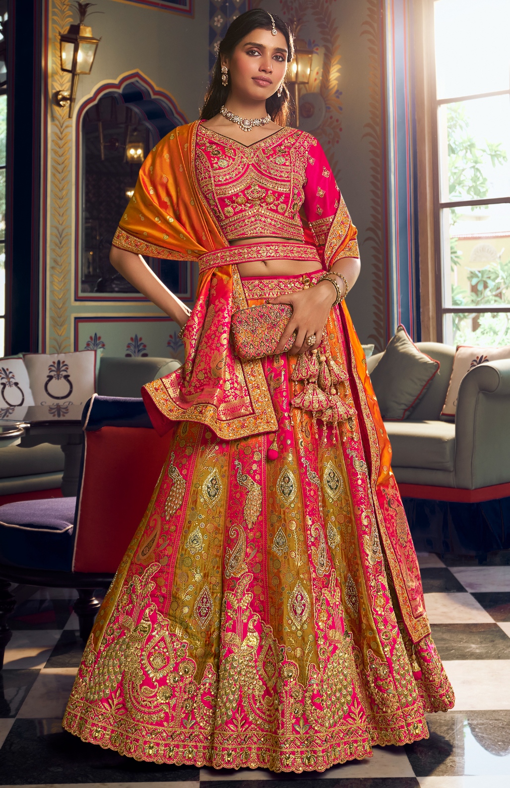 Multicolor Paisley Embroidery Banarasi Premium Silk Lehenga Choli