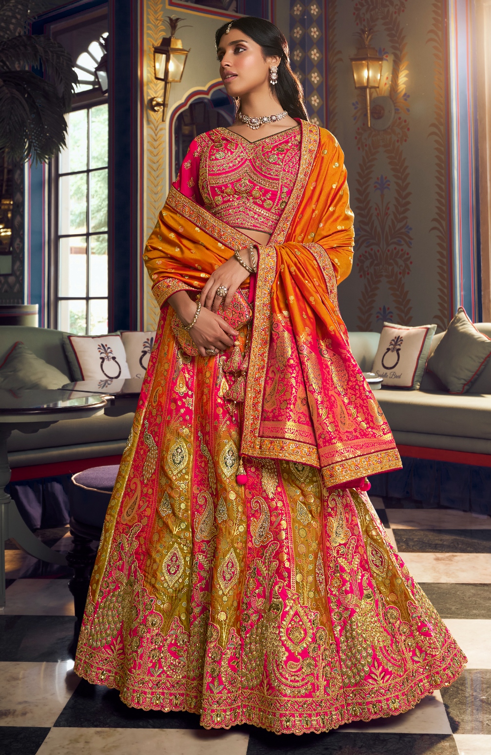 Multicolor Paisley Embroidery Banarasi Premium Silk Lehenga Choli