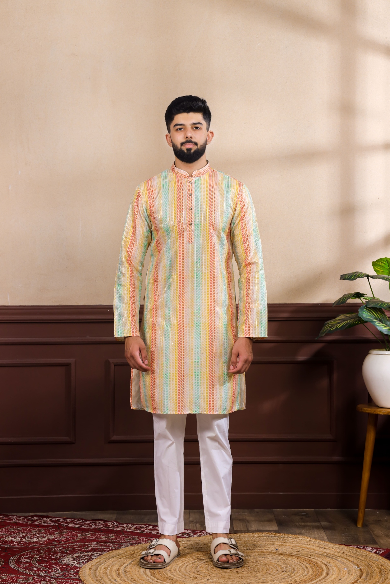 Multicolor Striped Digital Printed Art Silk Kurta Pyjama