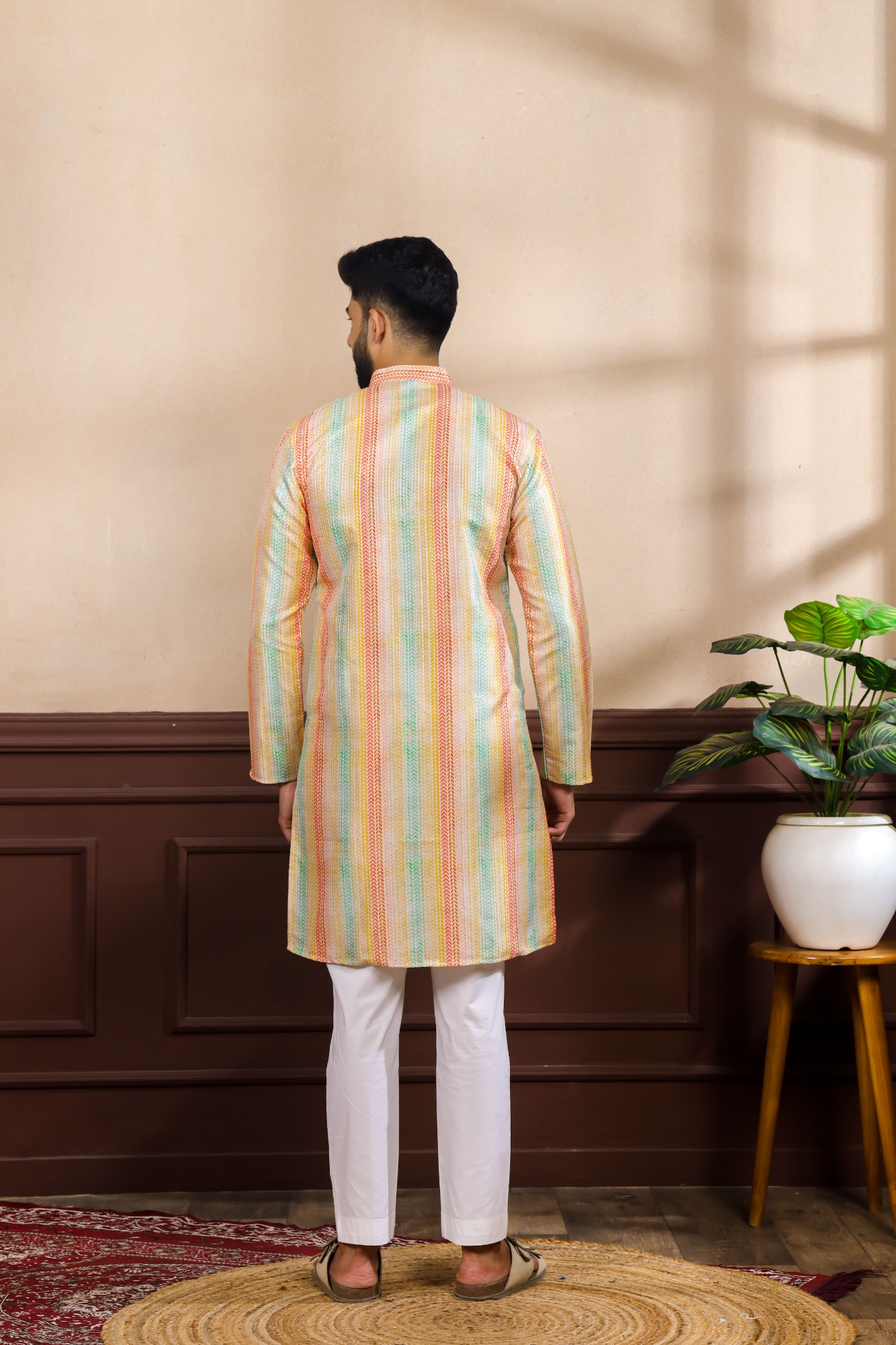 Multicolor Striped Digital Printed Art Silk Kurta Pyjama — alternate view