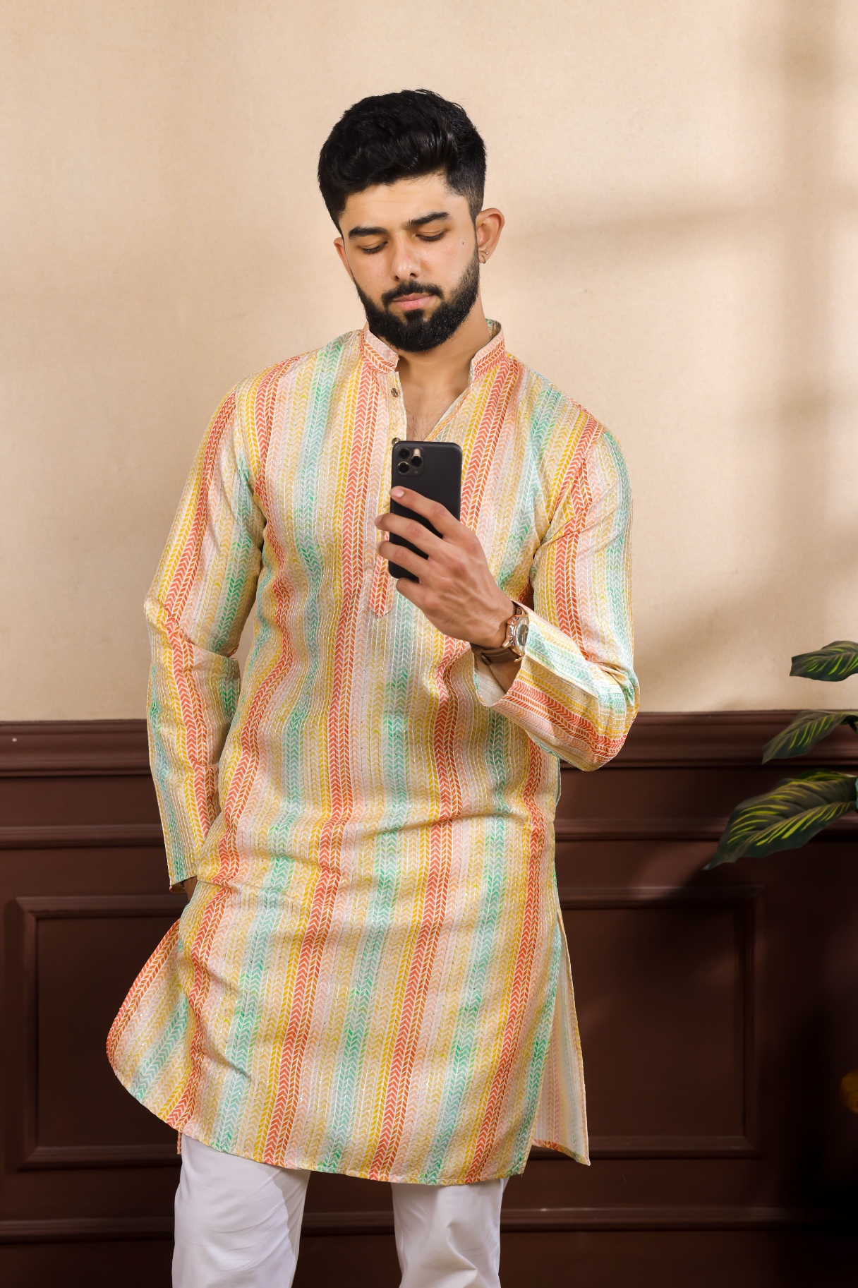 Multicolor Striped Digital Printed Art Silk Kurta Pyjama