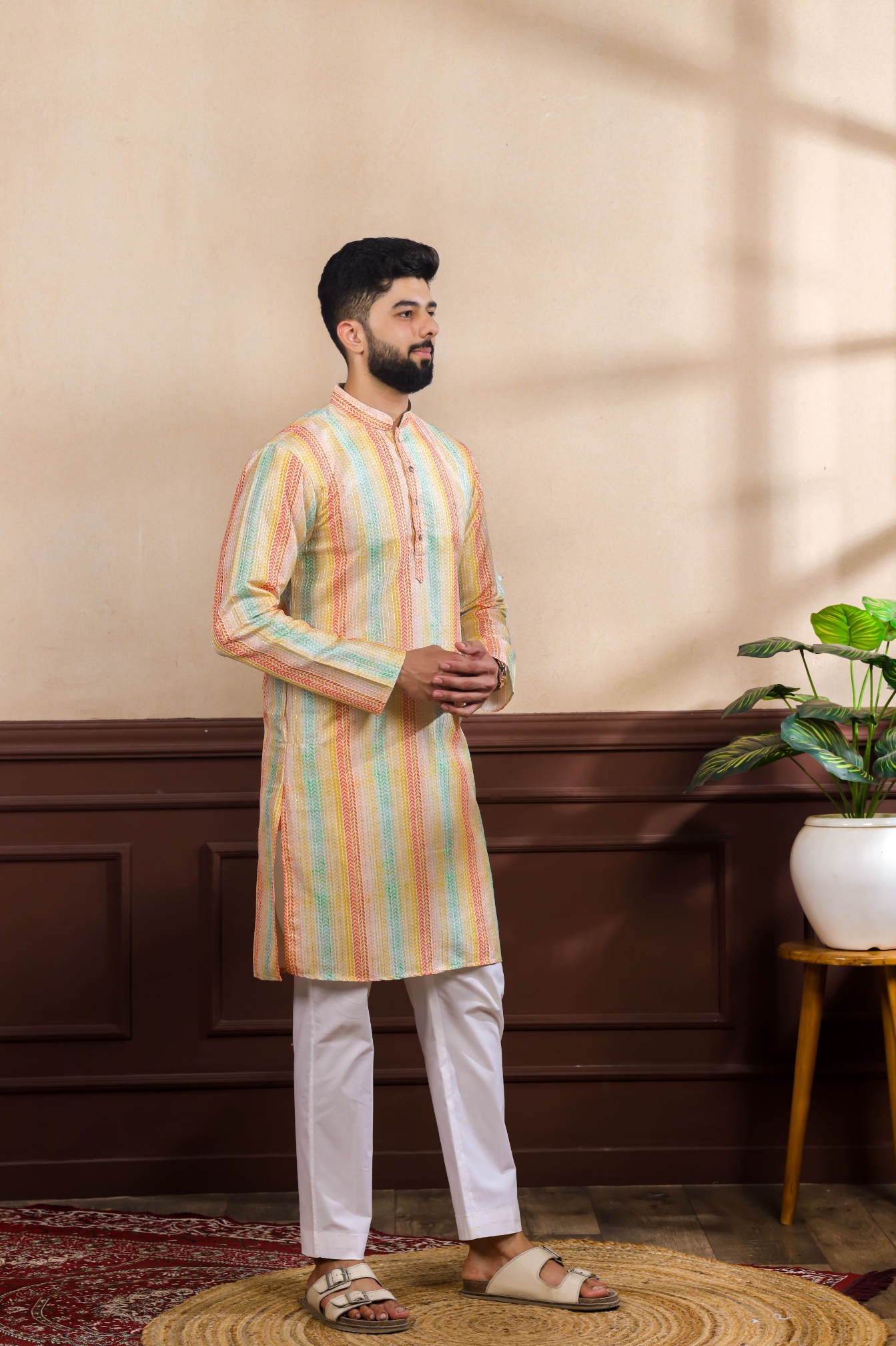 Multicolor Striped Digital Printed Art Silk Kurta Pyjama