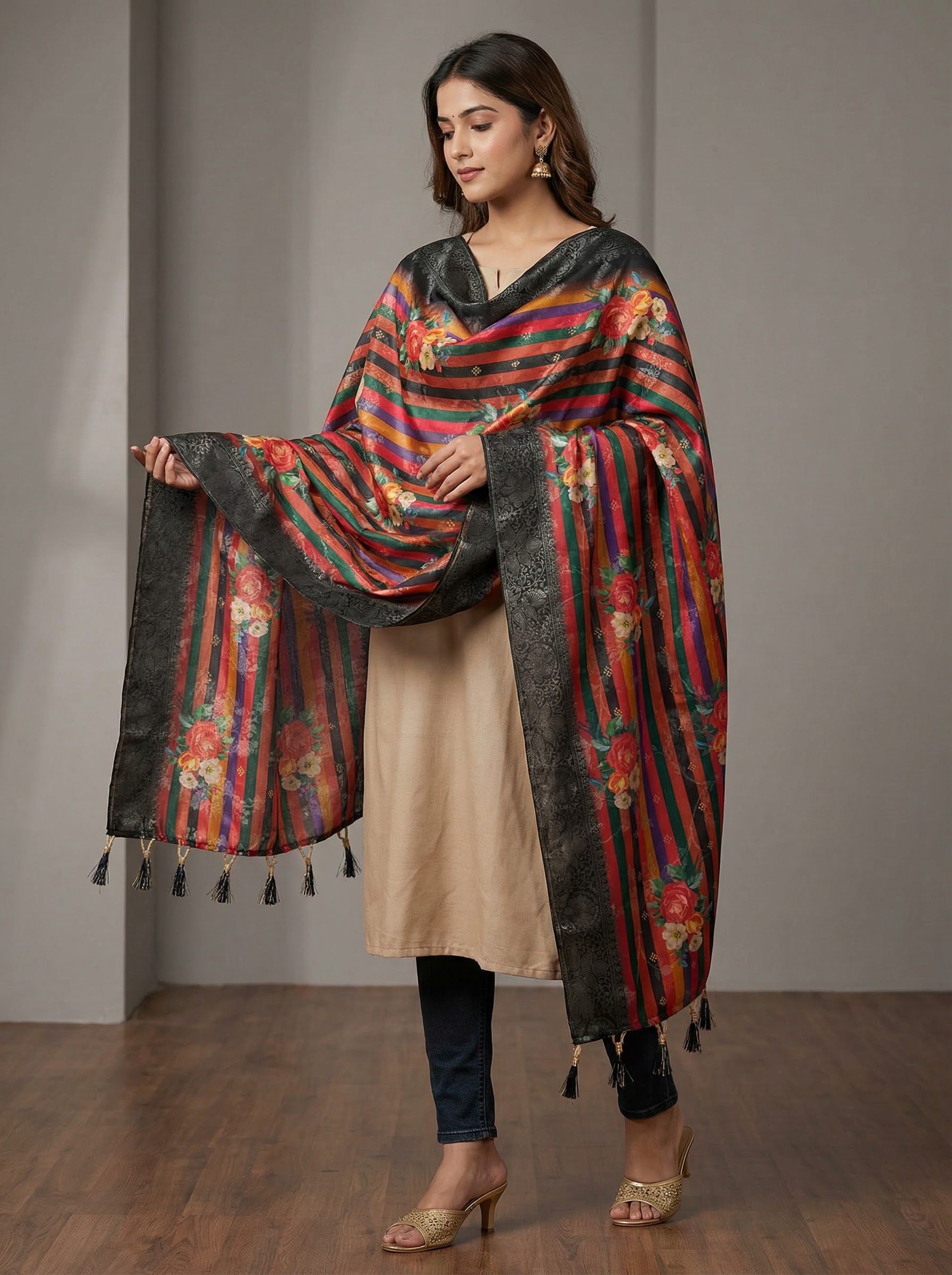 Multicolor Striped Floral Fusion Print Jacquard Silk Designer Dupatta