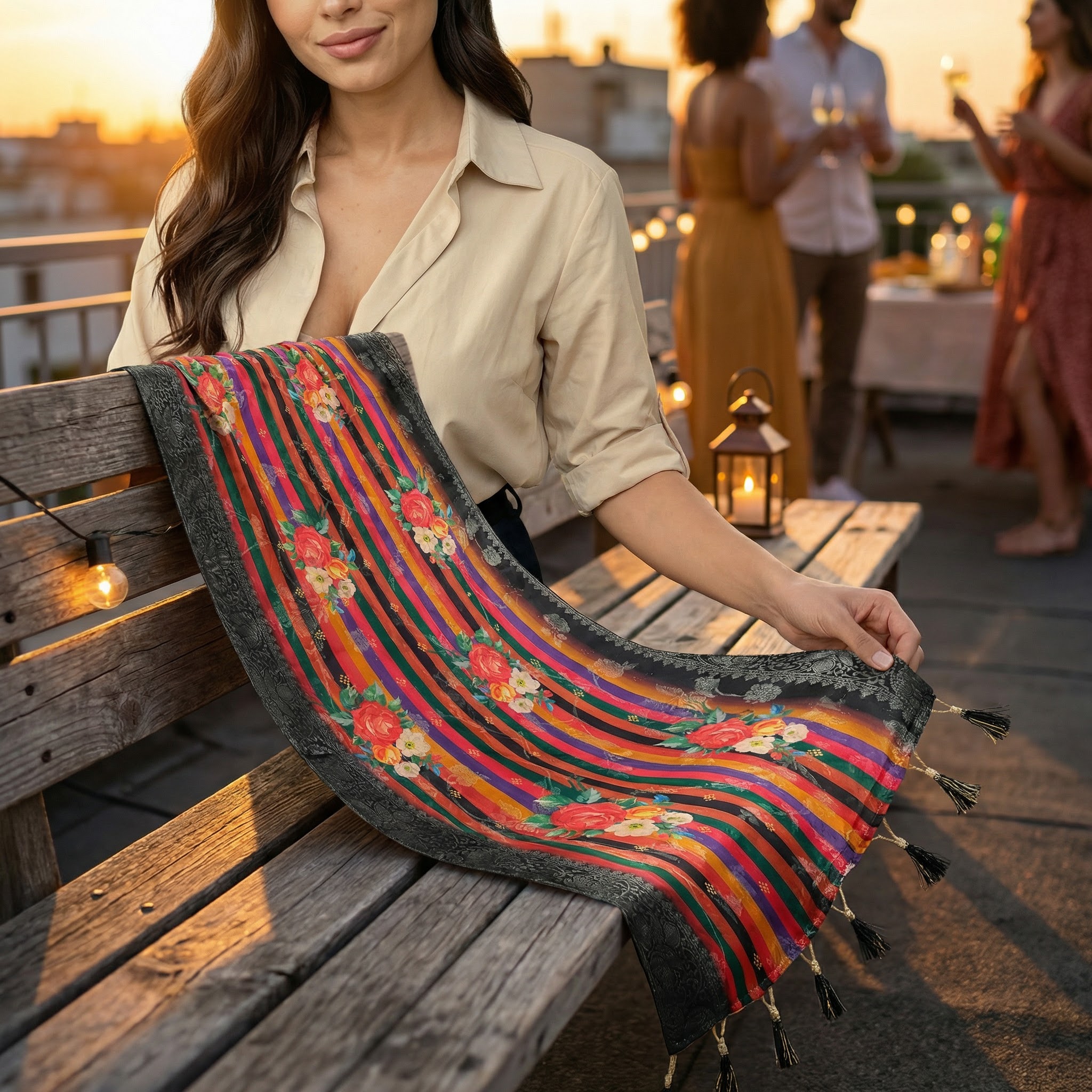 Multicolor Striped Floral Fusion Print Jacquard Silk Designer Dupatta — alternate view