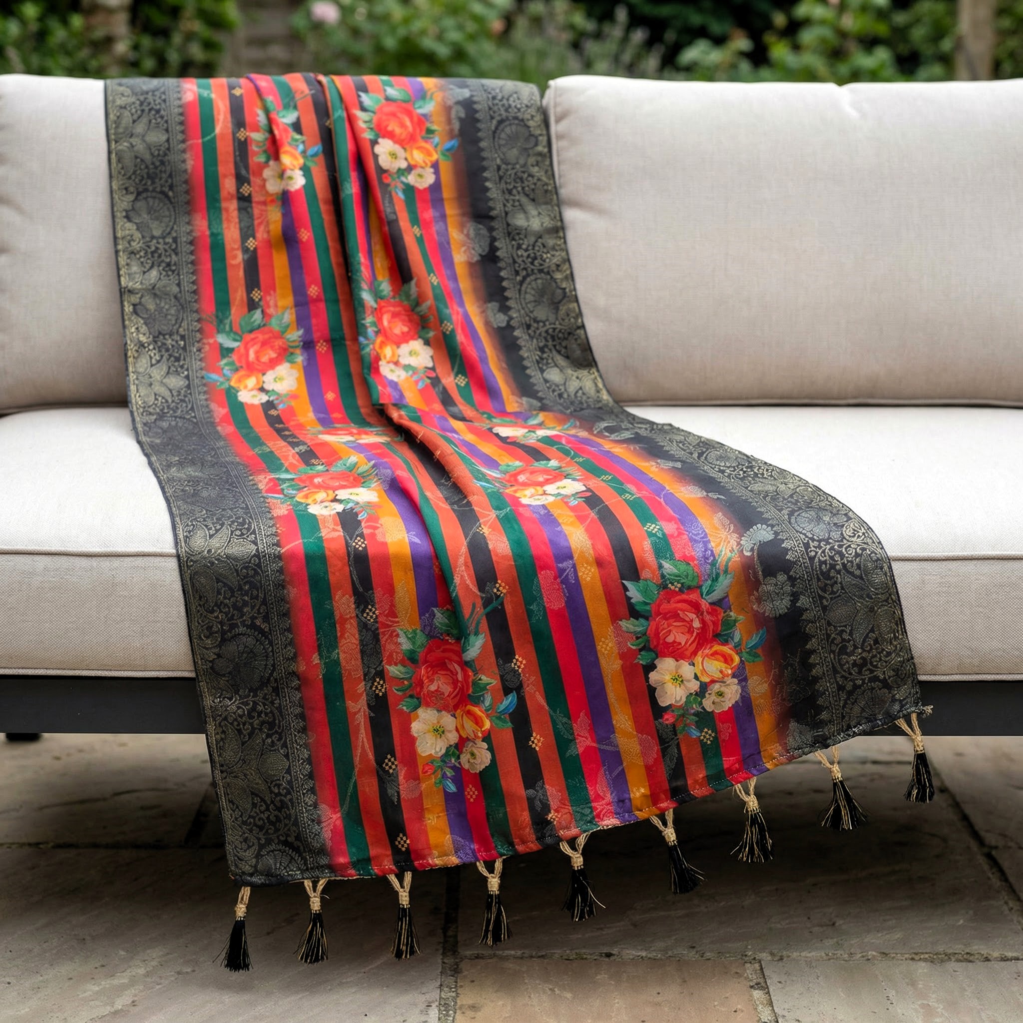 Multicolor Striped Floral Fusion Print Jacquard Silk Designer Dupatta