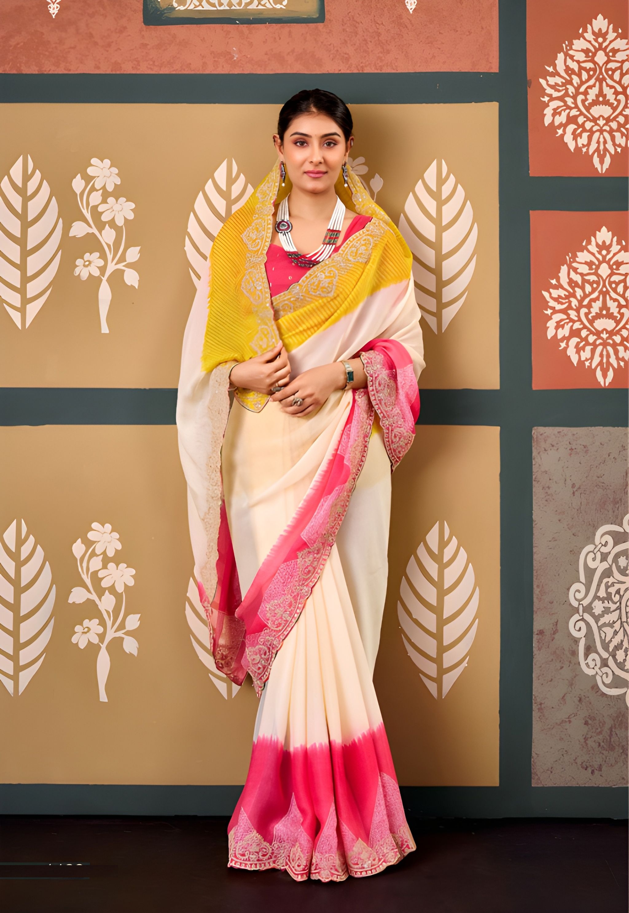 Multicolour Colour Blocking Embroidered Chiffon Saree