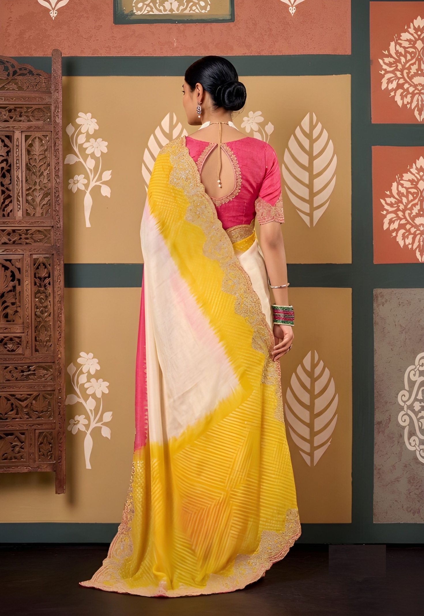 Multicolour Colour Blocking Embroidered Chiffon Saree — alternate view