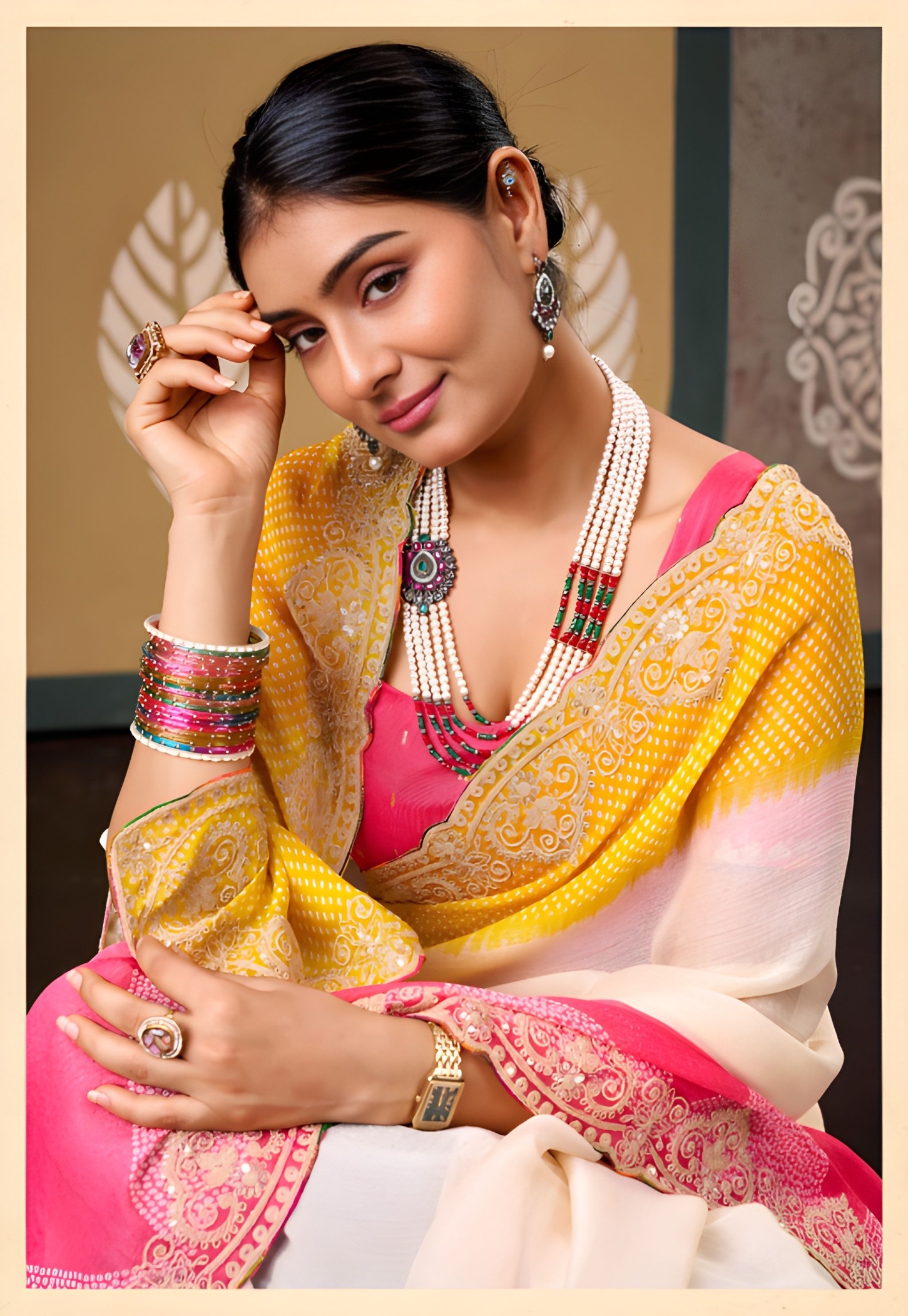 Multicolour Colour Blocking Embroidered Chiffon Saree