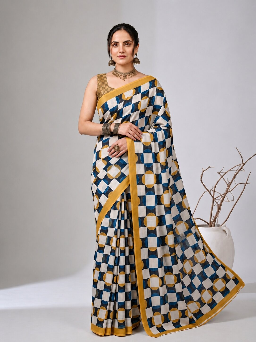 Multicolour Geometric Check Print Satin Ready-to-Wear Saree