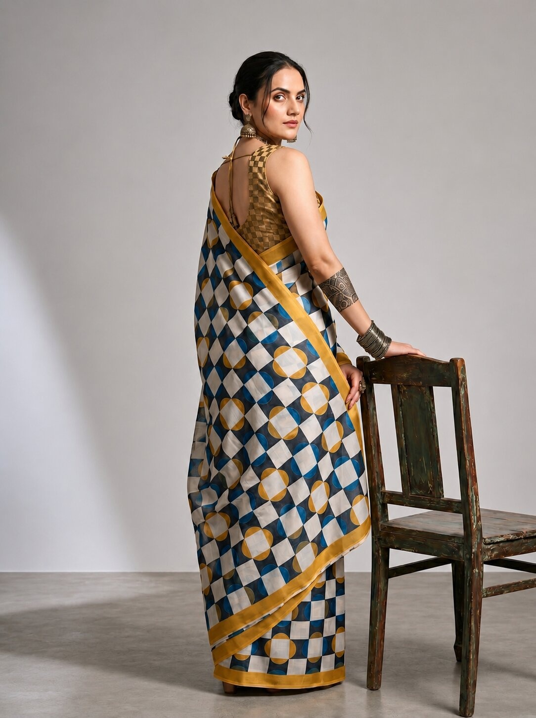 Multicolour Geometric Check Print Satin Ready-to-Wear Saree — alternate view