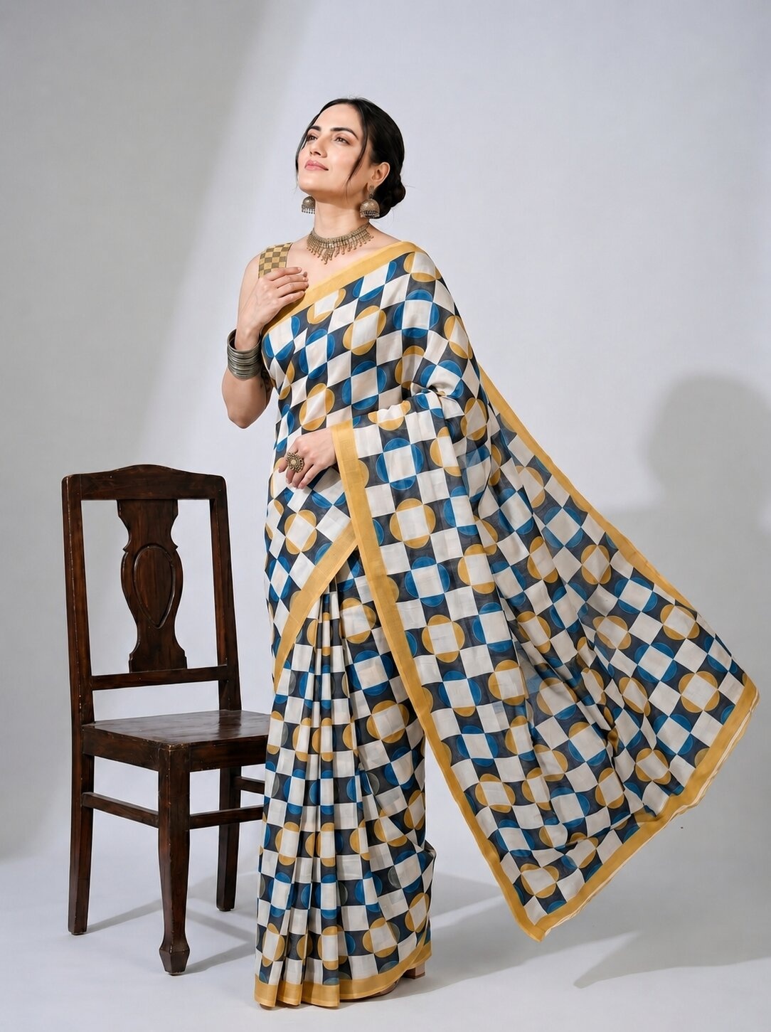 Multicolour Geometric Check Print Satin Ready-to-Wear Saree