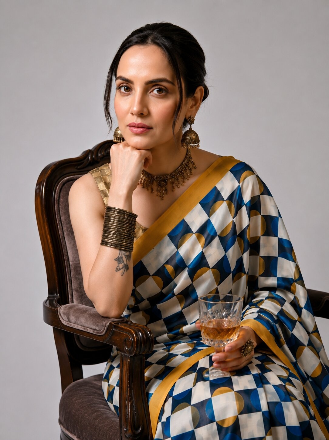 Multicolour Geometric Check Print Satin Ready-to-Wear Saree