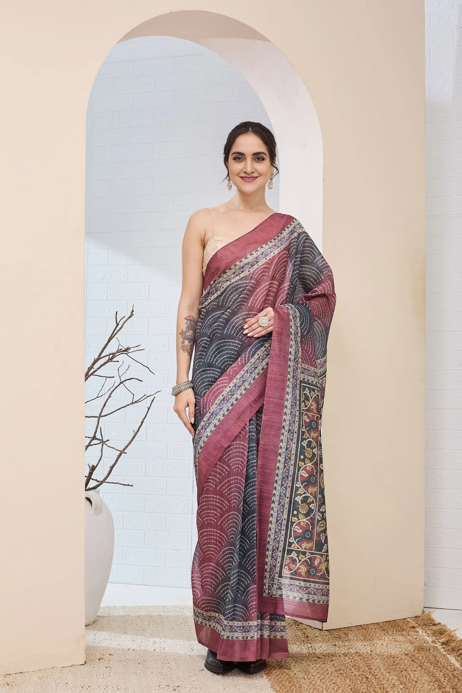 Multicolour Heritage Printed Silk Blend Ready To Wear Saree