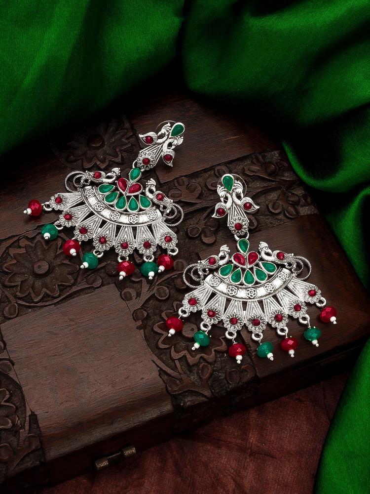 Multicolour Regal Peacock Oxidized Chandbali Earrings