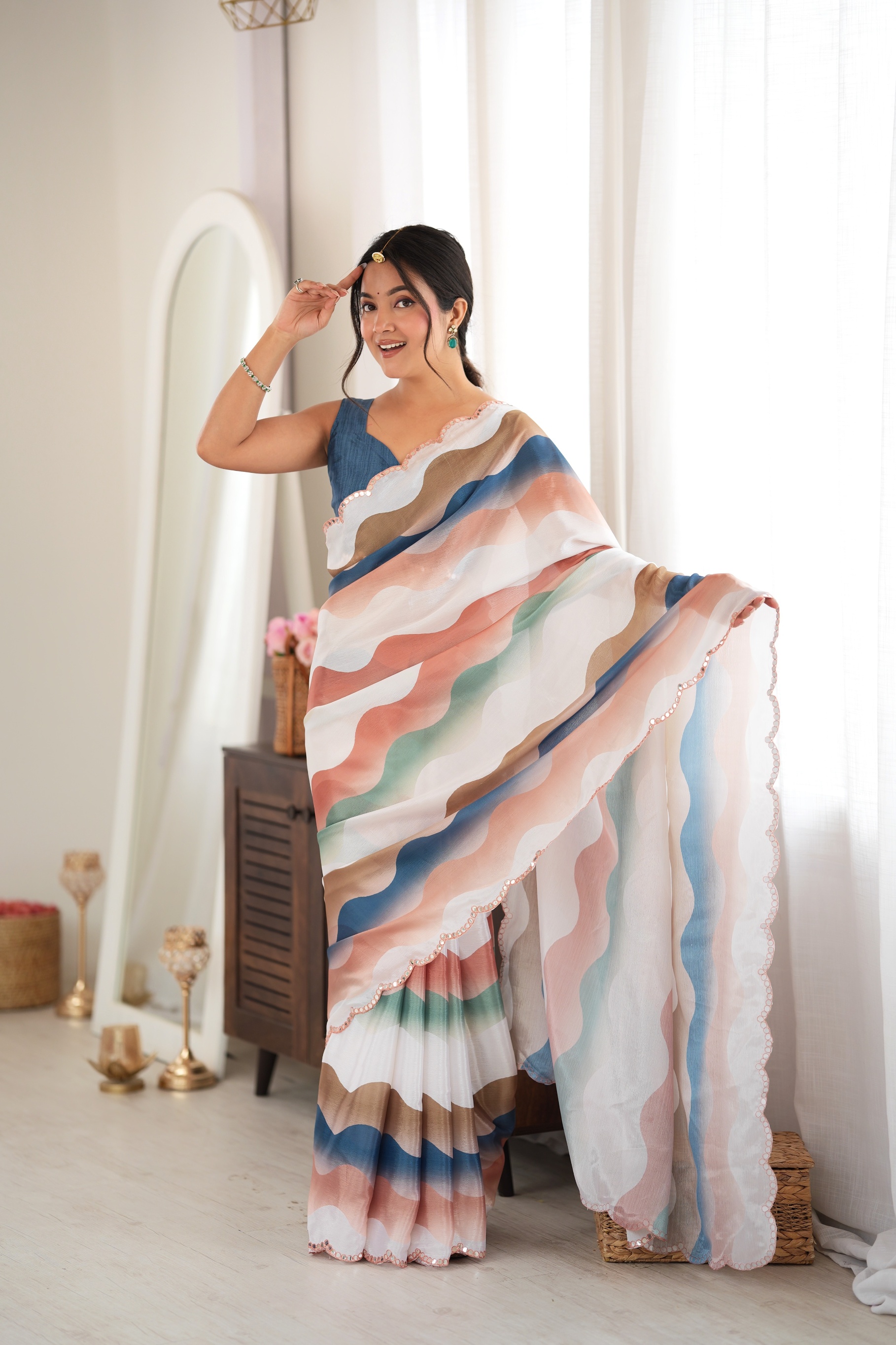 Multy Abstract Bubble Print Mirror Work Chinon Saree