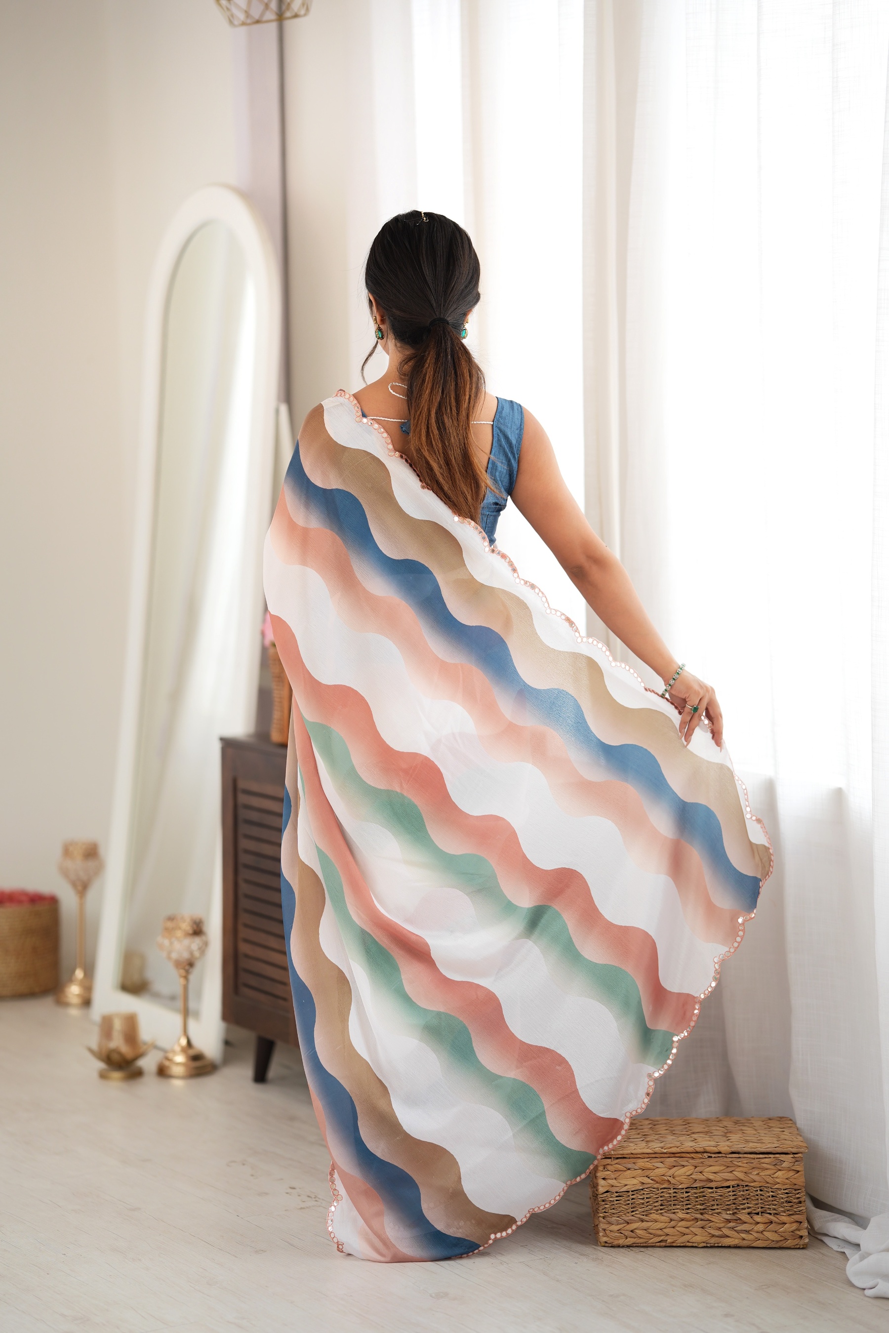 Multy Abstract Bubble Print Mirror Work Chinon Saree — alternate view
