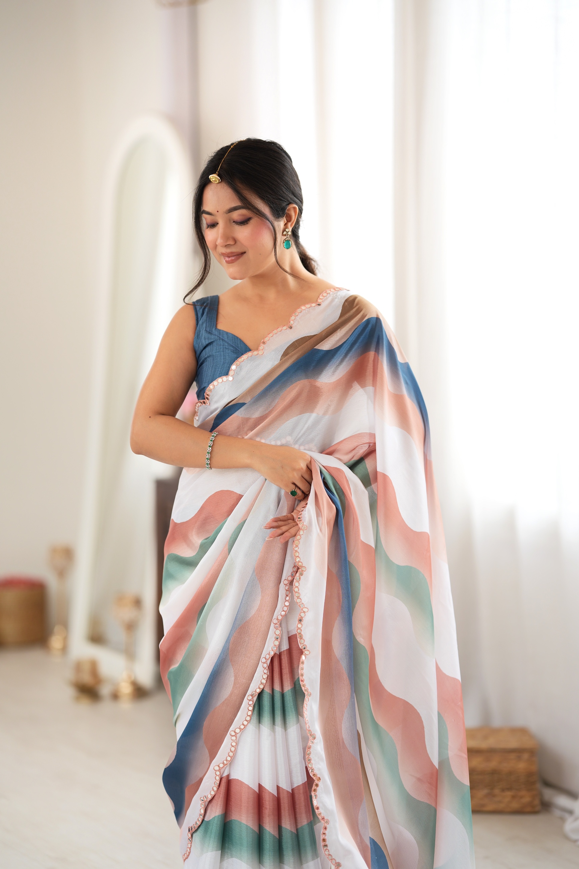 Multy Abstract Bubble Print Mirror Work Chinon Saree