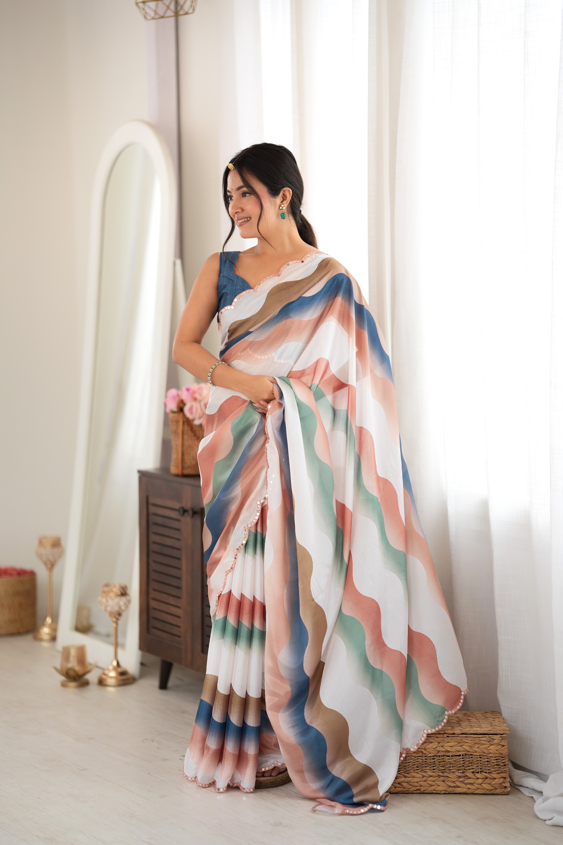 Multy Abstract Bubble Print Mirror Work Chinon Saree