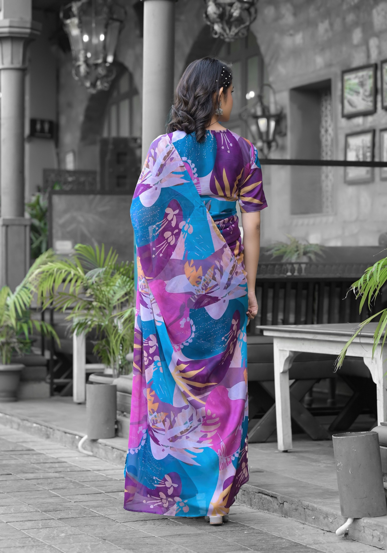 Multy Abstract Digital Printed Georgette Saree Gown — alternate view