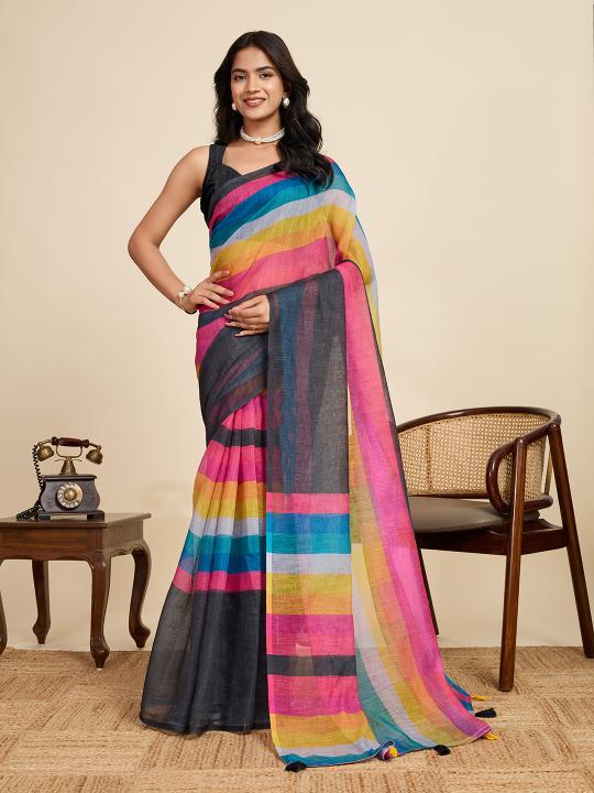 Multy Digital Printed Linen Saree