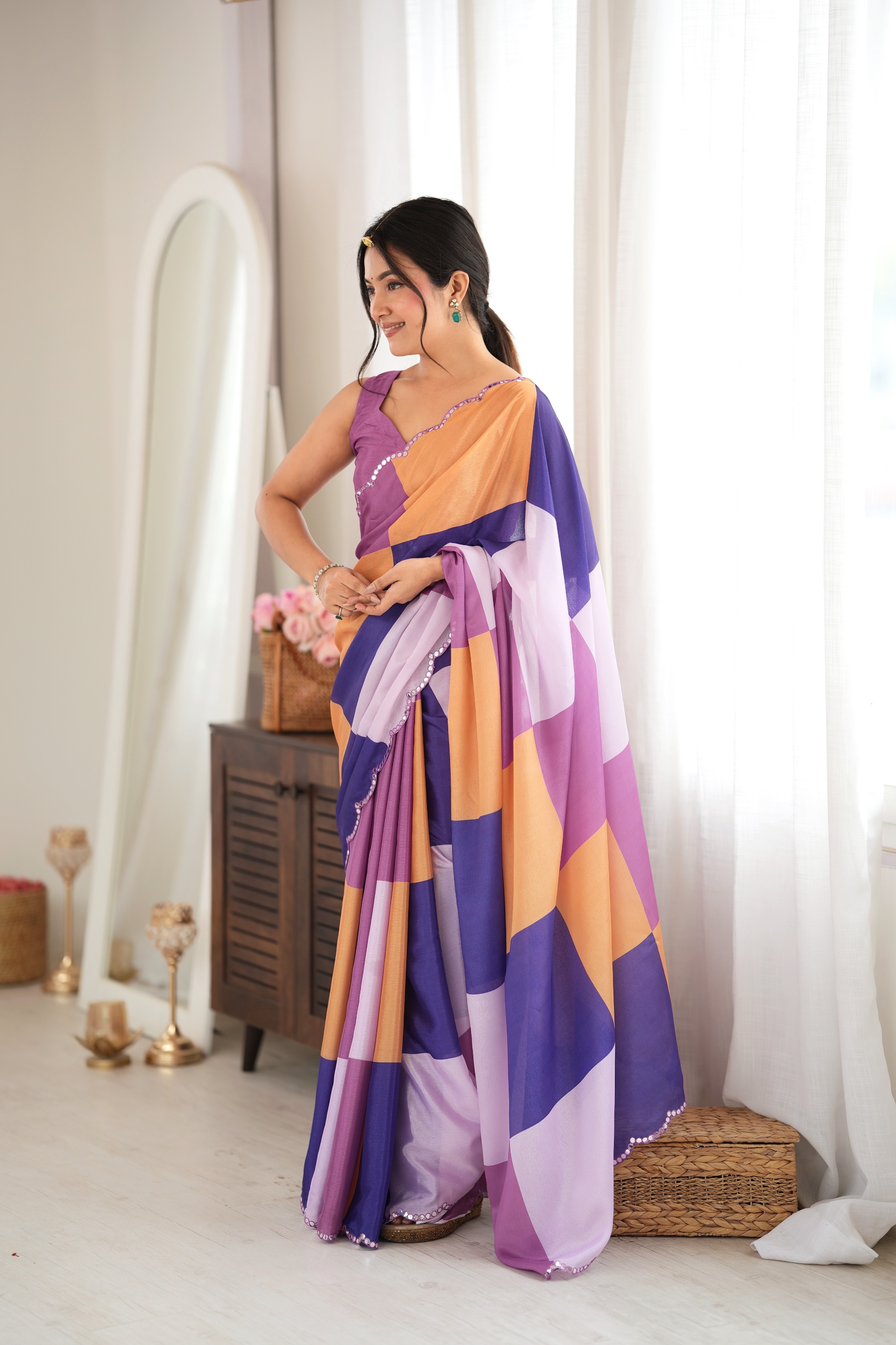 Multy Ethnic Scenic Print Mirror Work Chinon Saree