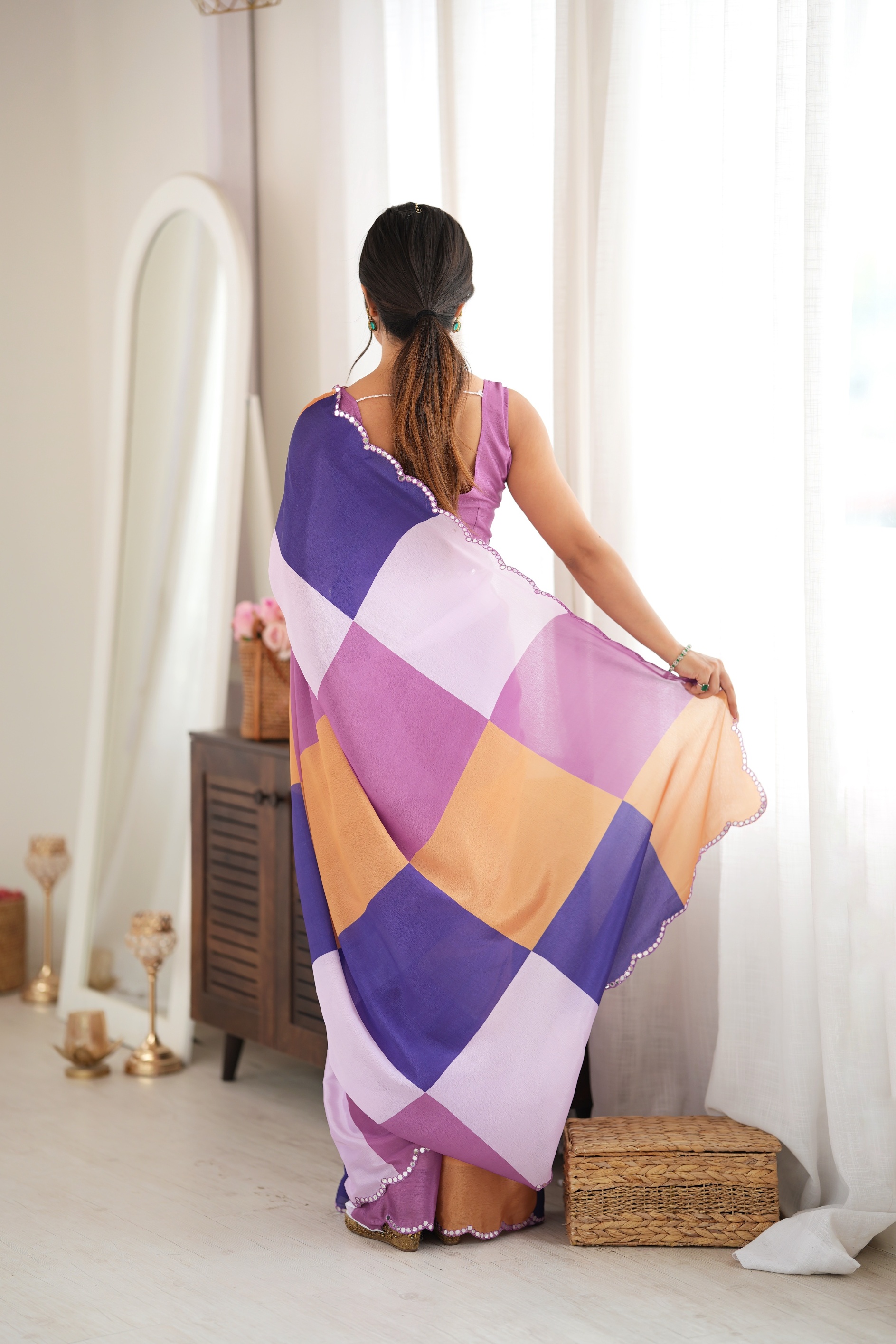 Multy Ethnic Scenic Print Mirror Work Chinon Saree — alternate view