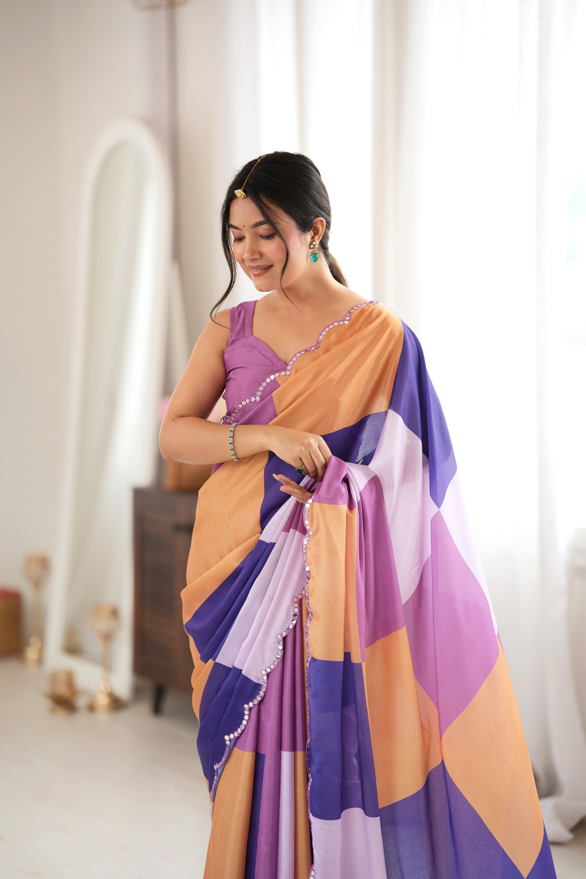 Multy Ethnic Scenic Print Mirror Work Chinon Saree