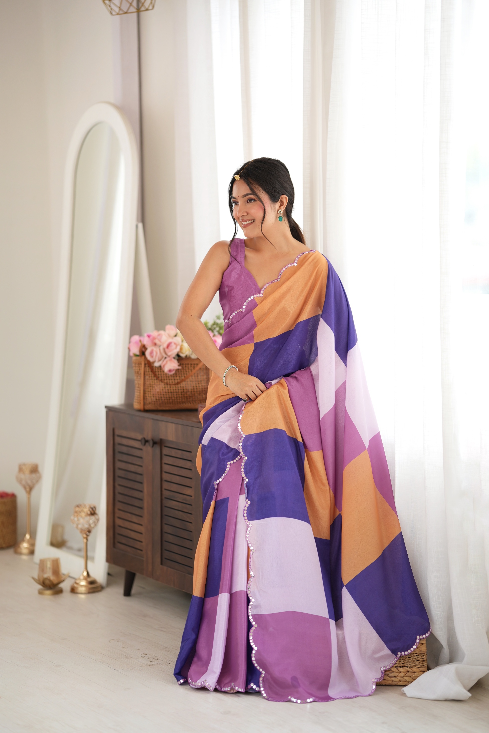 Multy Ethnic Scenic Print Mirror Work Chinon Saree