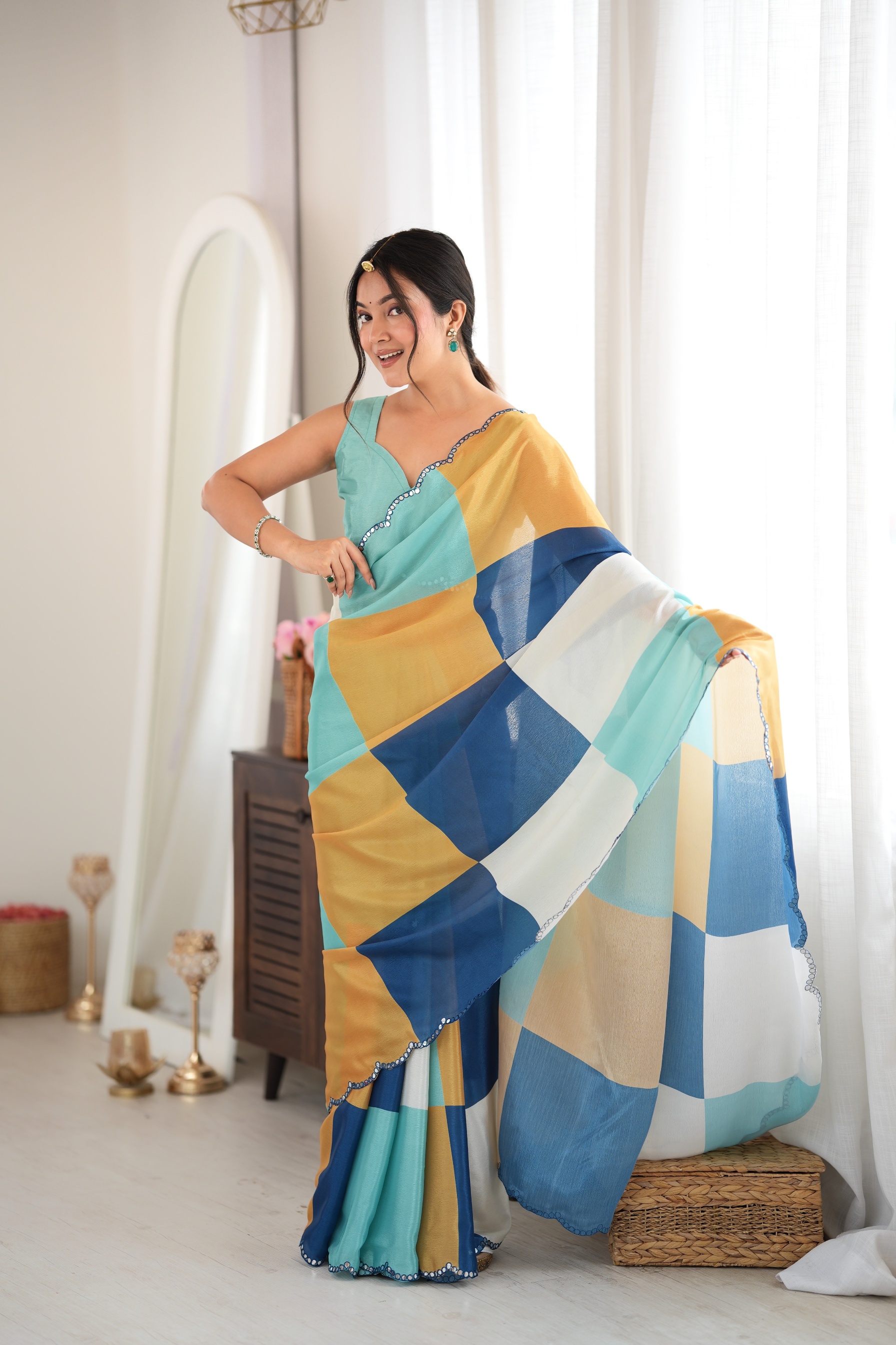 Multy Lavender Block Print Mirror Work Chinon Saree