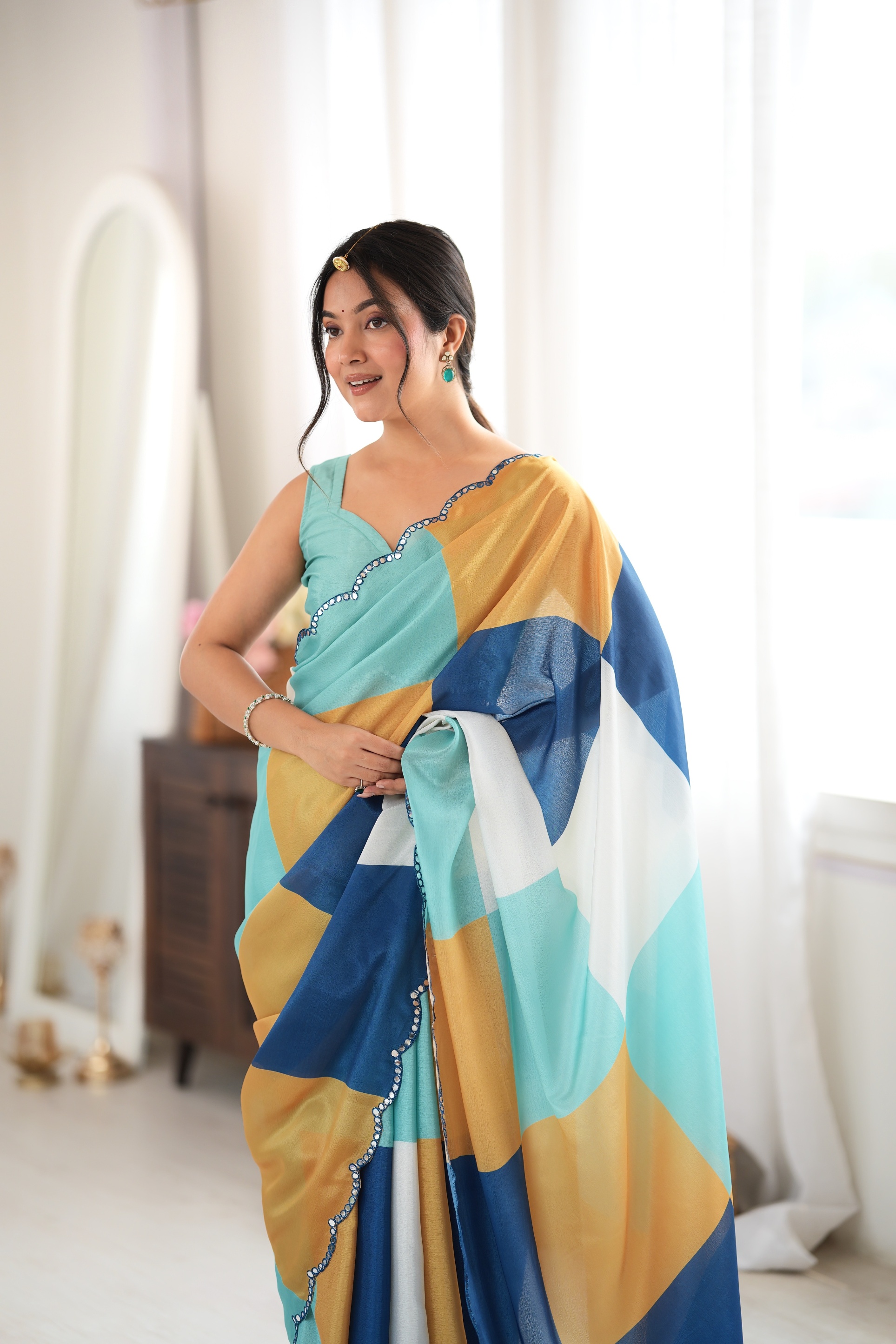 Multy Lavender Block Print Mirror Work Chinon Saree