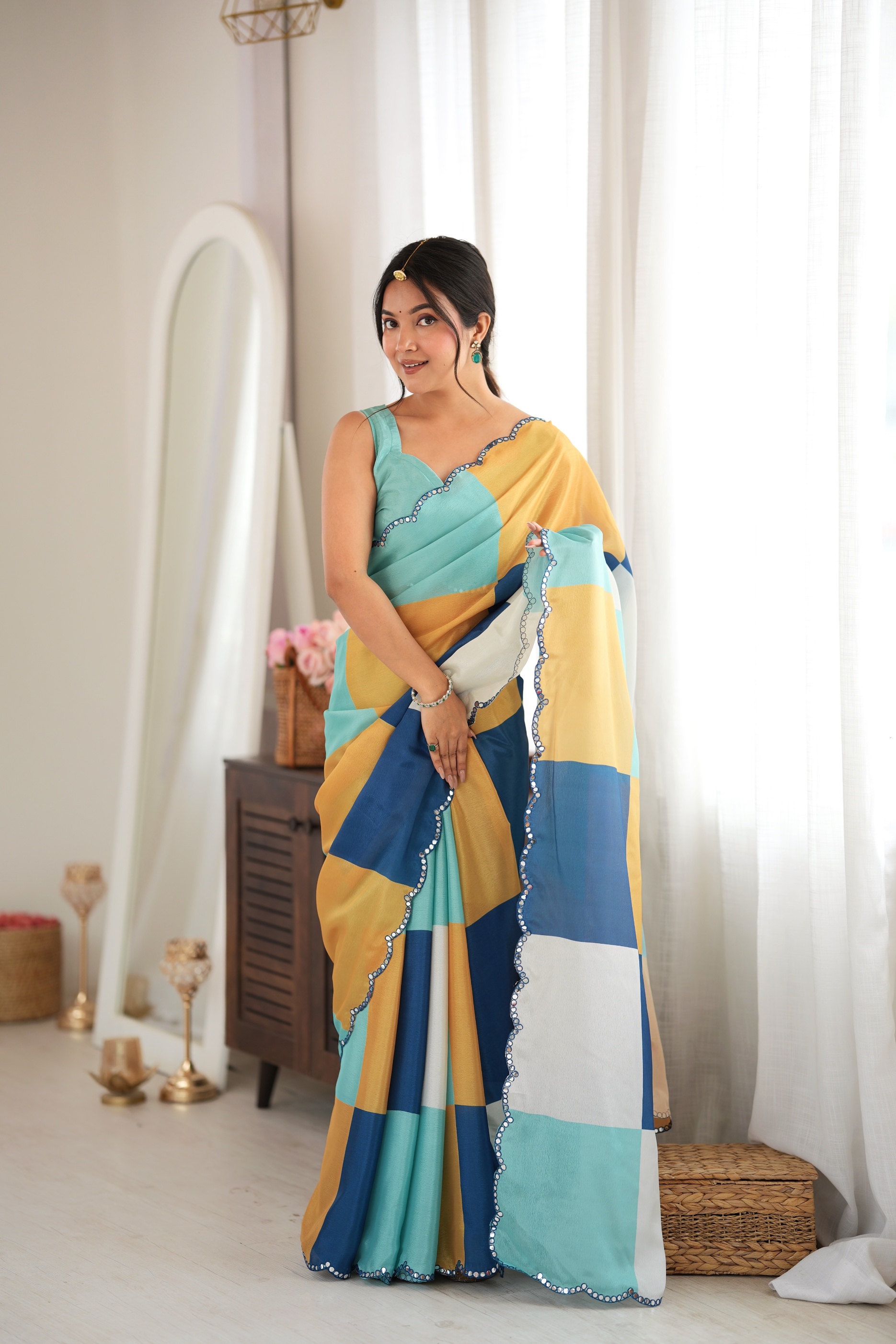 Multy Lavender Block Print Mirror Work Chinon Saree