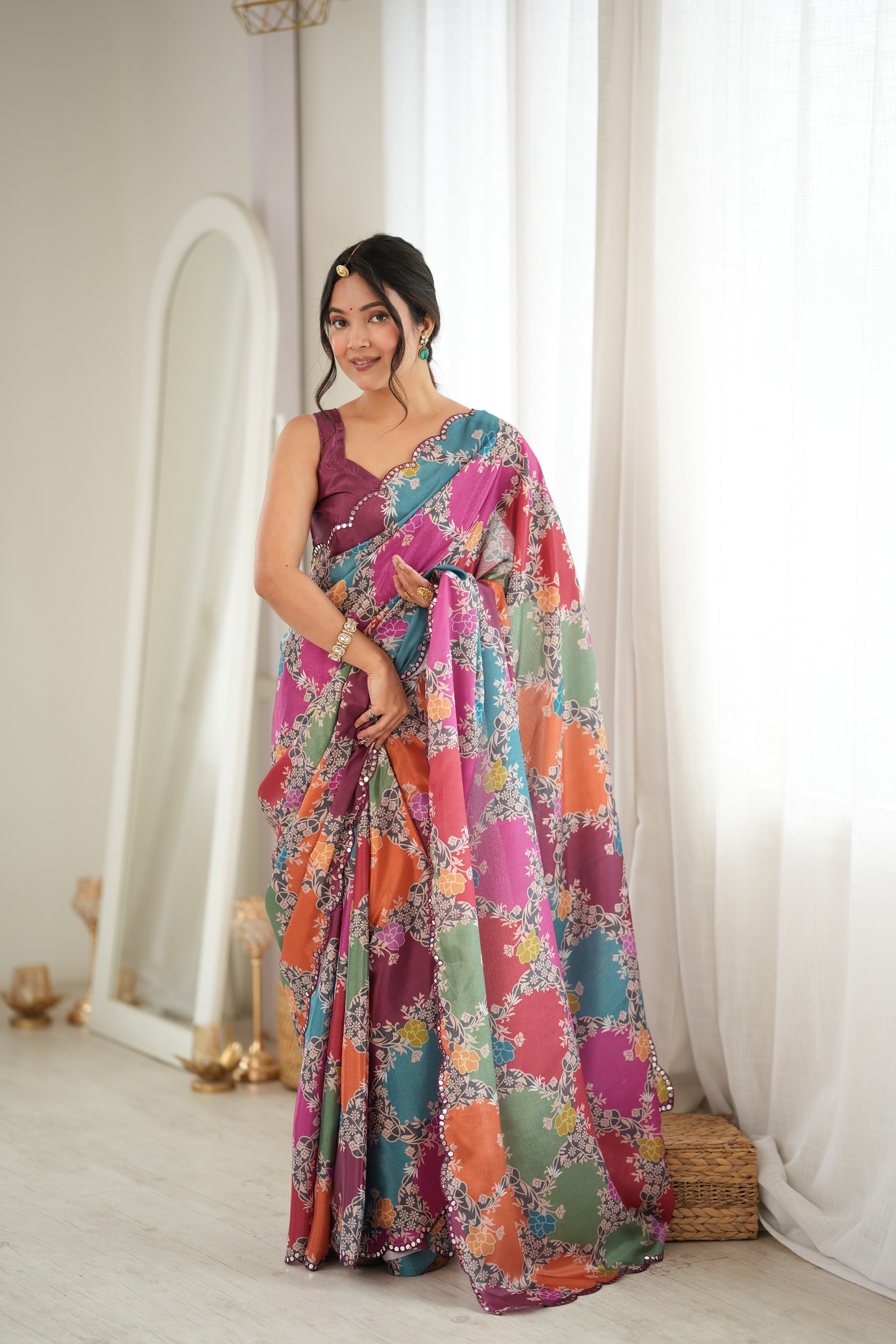 Multy Pastel Stripe Print Mirror Work Chinon Saree