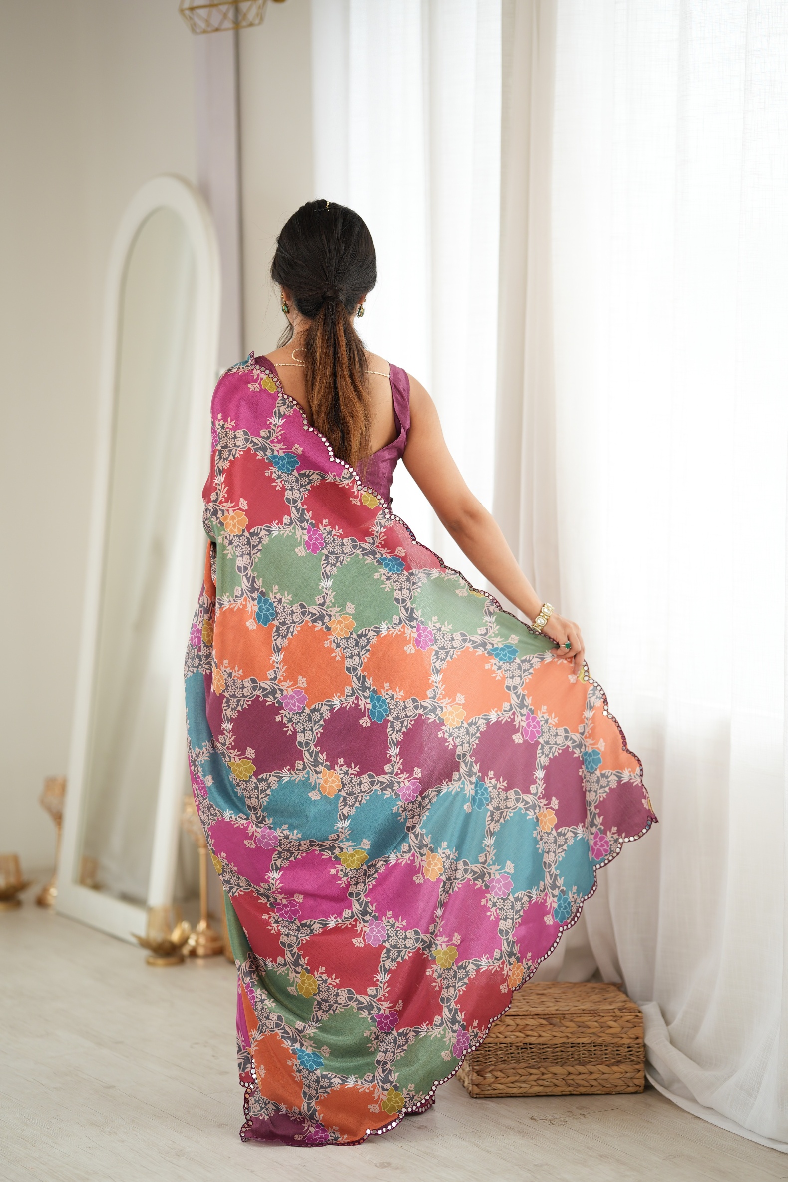 Multy Pastel Stripe Print Mirror Work Chinon Saree — alternate view