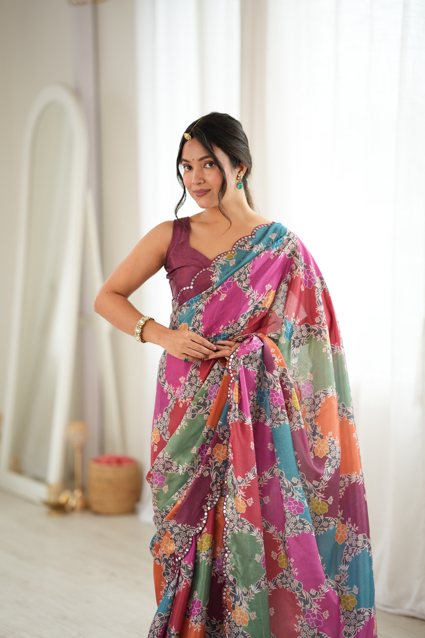 Multy Pastel Stripe Print Mirror Work Chinon Saree