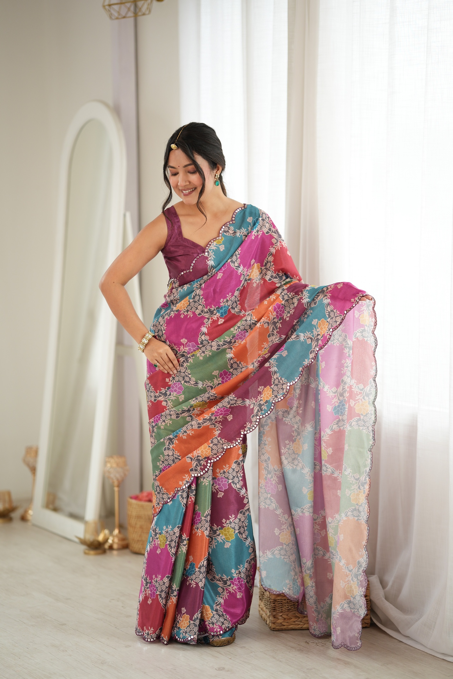 Multy Pastel Stripe Print Mirror Work Chinon Saree