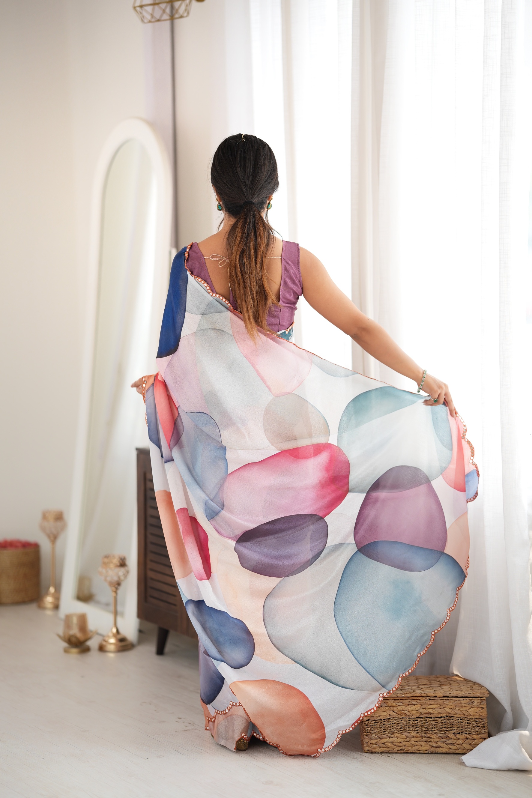 Multy Wavy Stripe Print Mirror Work Chinon Saree — alternate view