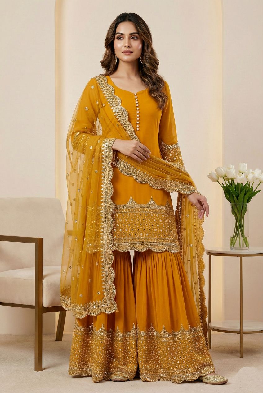 Mustard 5mm Embroidered Heavy Faux Georgette Sharara Suit
