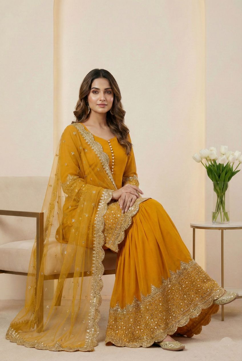 Mustard 5mm Embroidered Heavy Faux Georgette Sharara Suit — alternate view