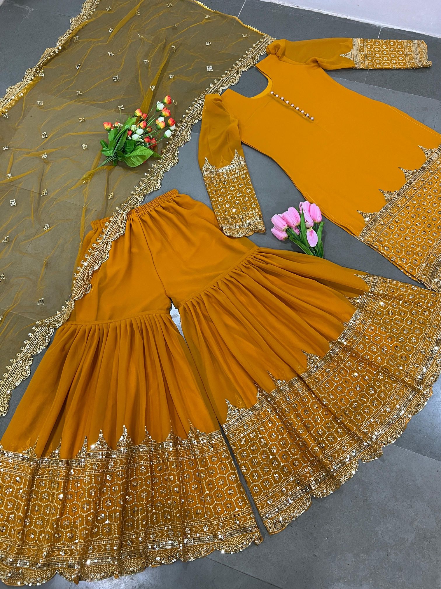 Mustard 5mm Embroidered Heavy Faux Georgette Sharara Suit