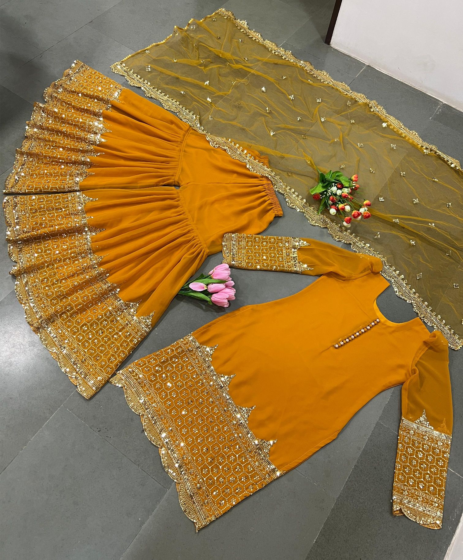Mustard 5mm Embroidered Heavy Faux Georgette Sharara Suit