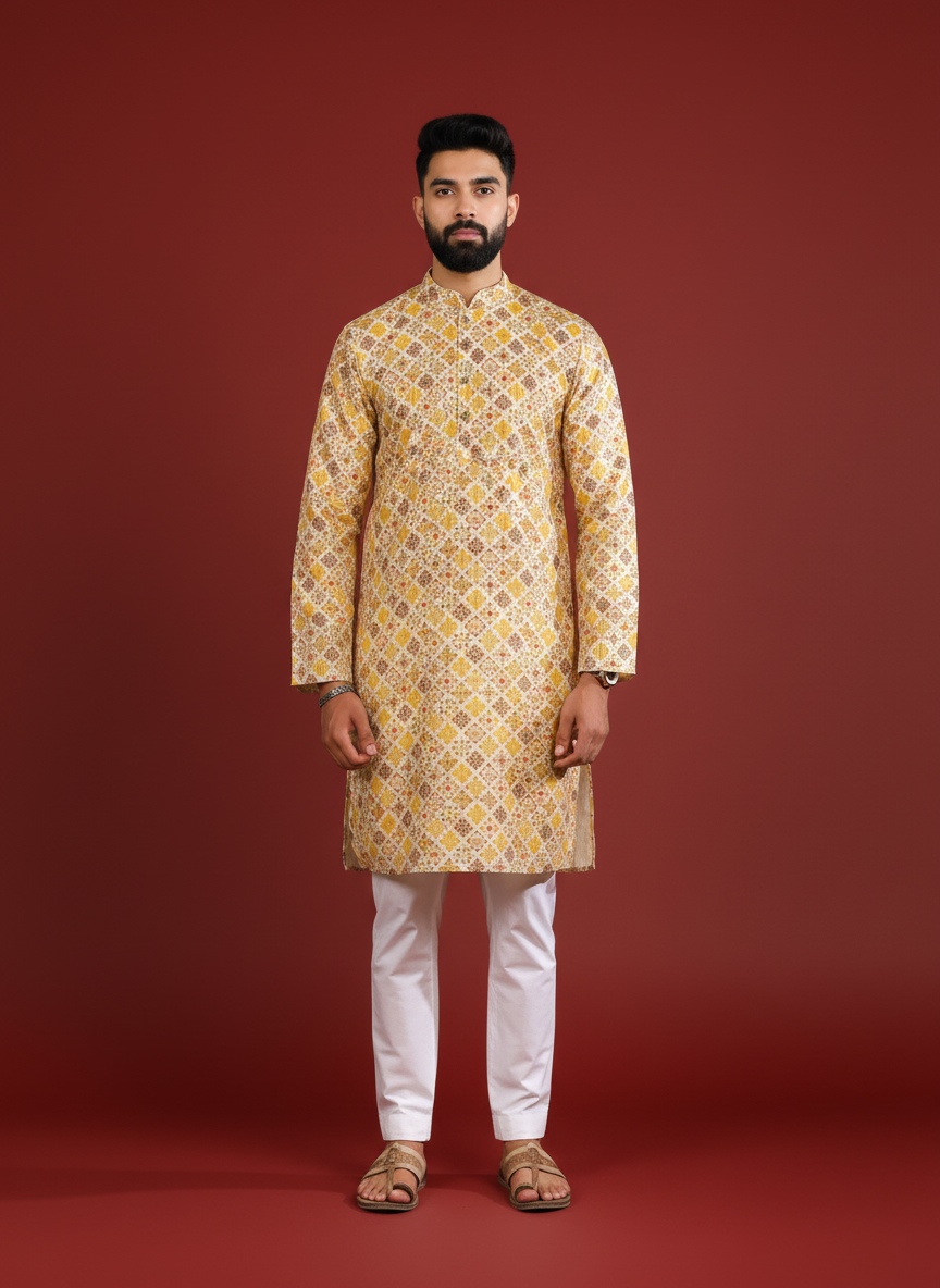 Mustard Art Silk Designer Kurta Pyjama