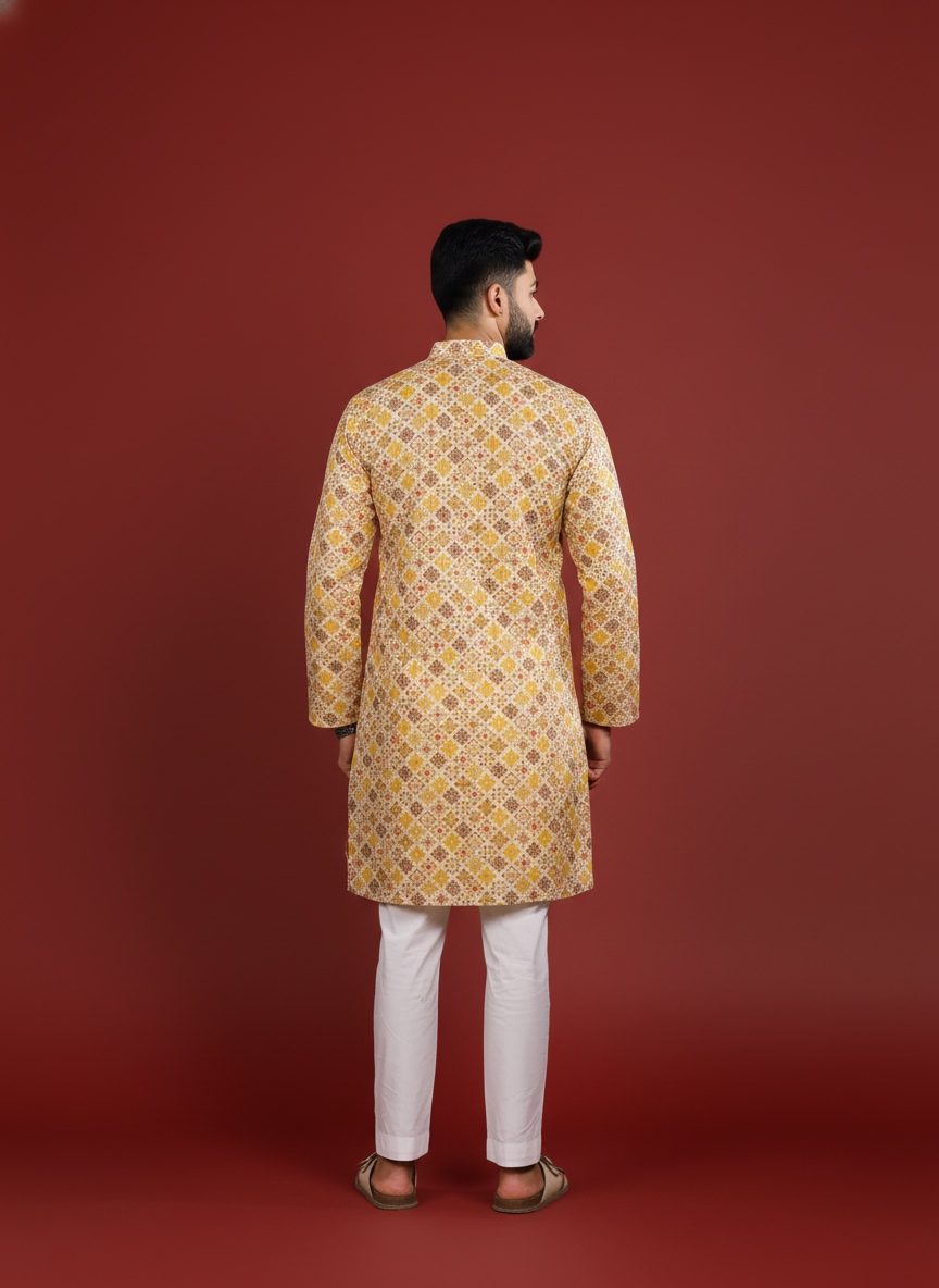 Mustard Art Silk Designer Kurta Pyjama — alternate view