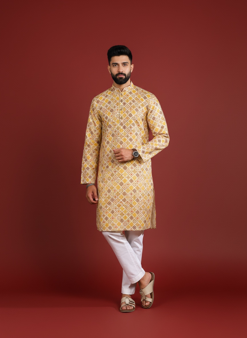 Mustard Art Silk Designer Kurta Pyjama