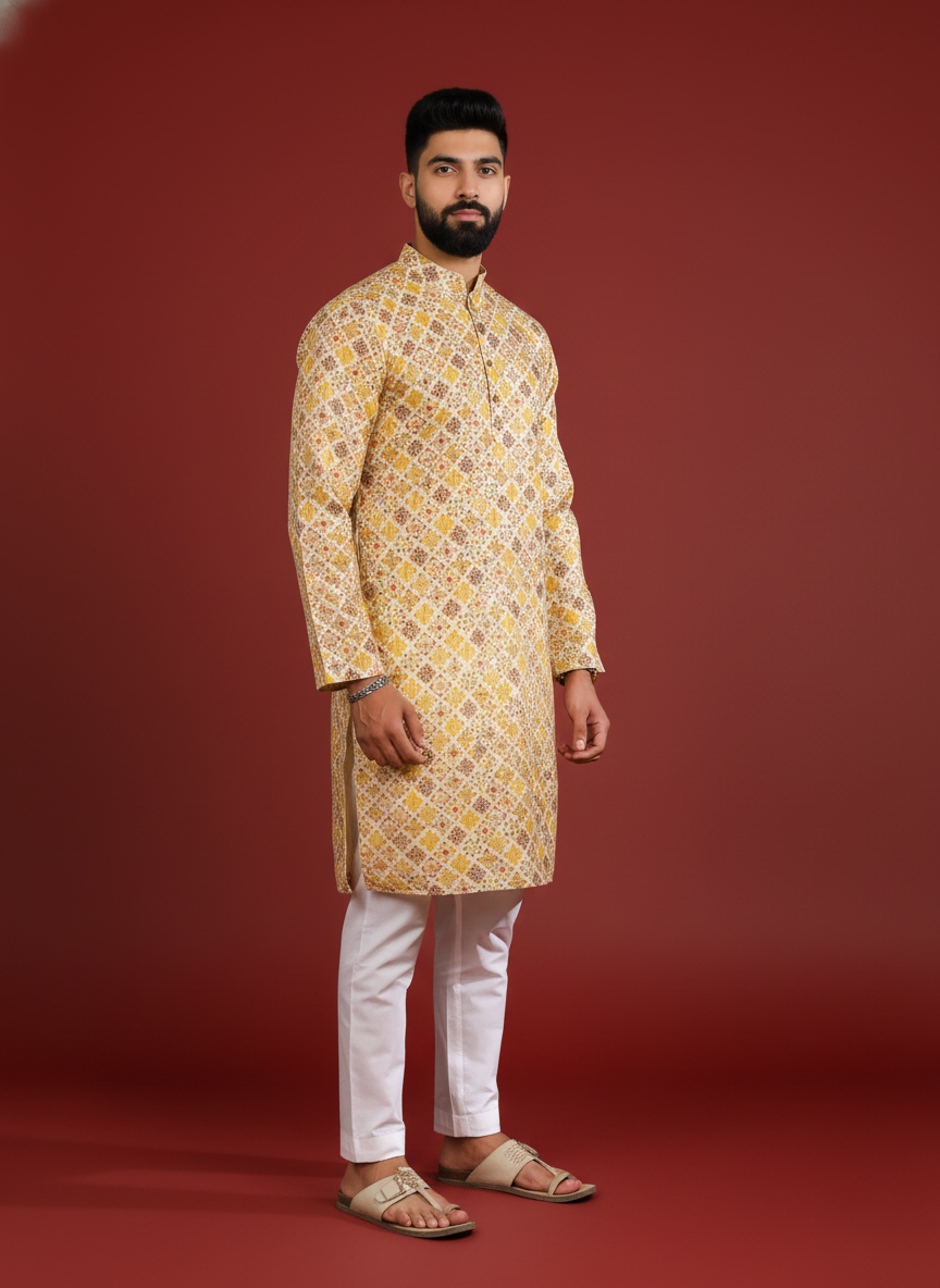 Mustard Art Silk Designer Kurta Pyjama