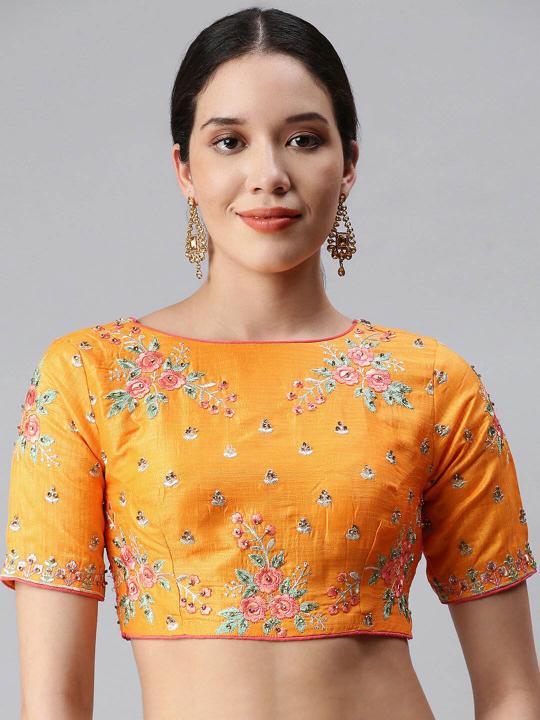 Mustard Art Silk Embroidery Readymade Blouse