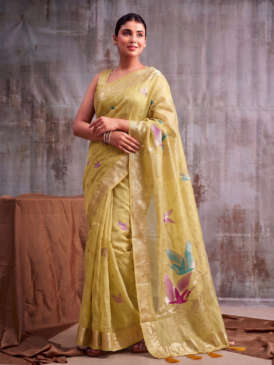 Mustard Bird Motif Linen Cotton Saree